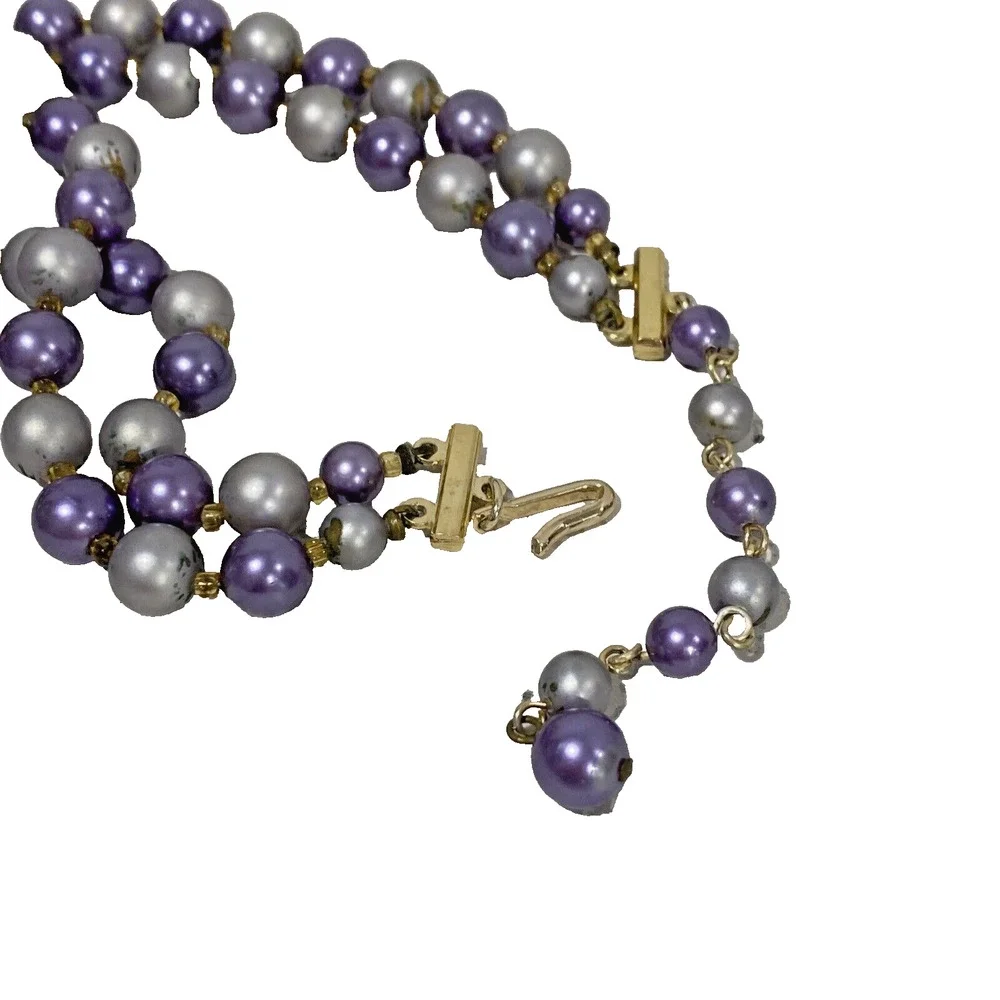Vintage Mid Century Two Strand Choker Necklace Purple Gray Beaded Signed Japan